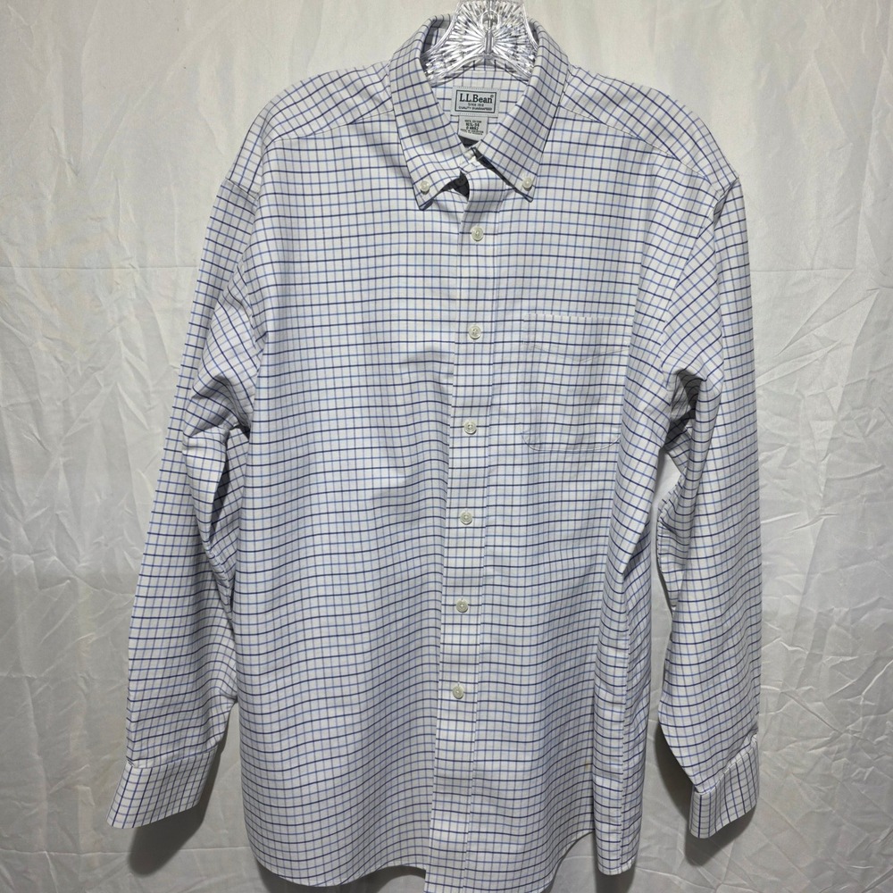 LL Bean Wrinkle Resistant Blue White Grid Cotton Button Down Shirt Mens 16.5-34